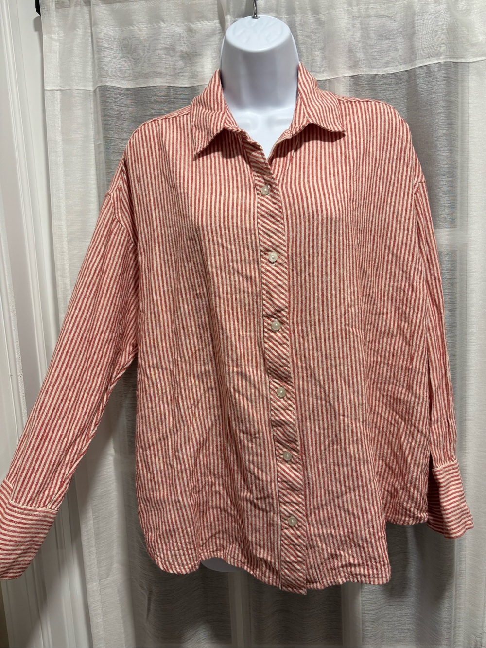 Abercrombie & Fitch Oversized Striped Linen-Blend Button Up Shirt Red Women M